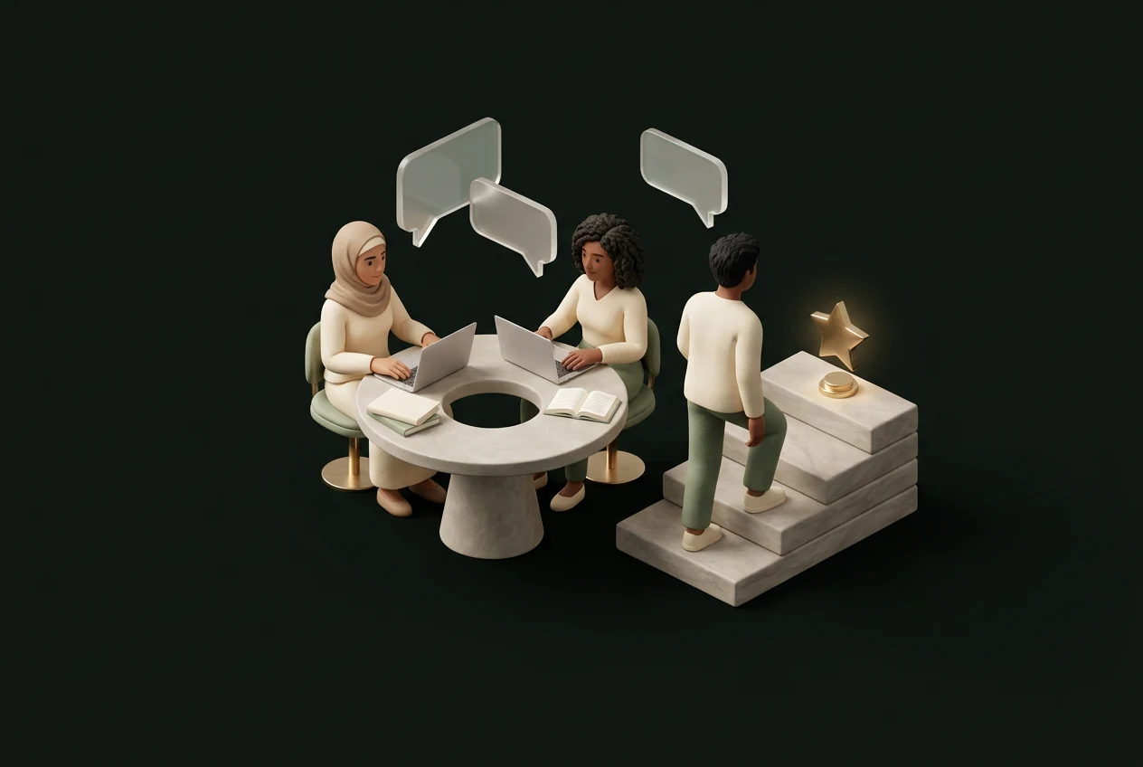 3D illustration of students collaborating, learning and climbing toward an achievement star