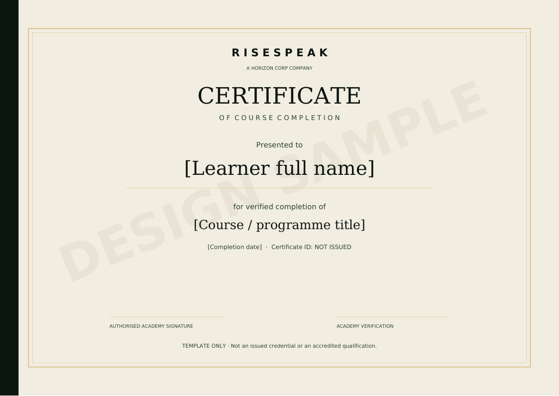 Certificate design sample — not an issued qualification